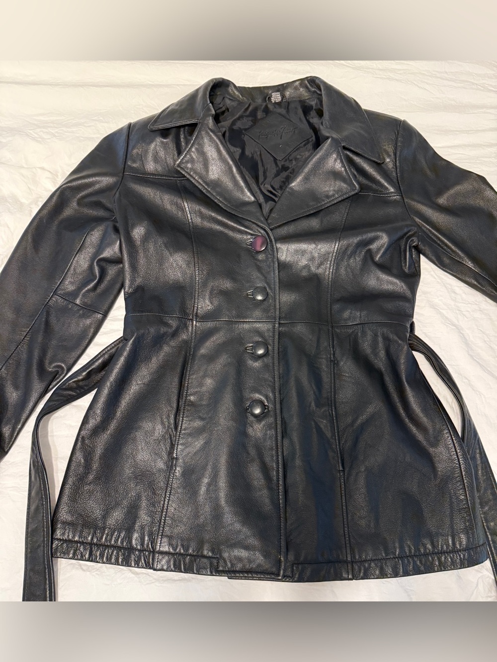 Vintage Jacqueline Ferrar Black Leather Jacket Belted Trench Coat Y2K 90s - Picture 6 of 16